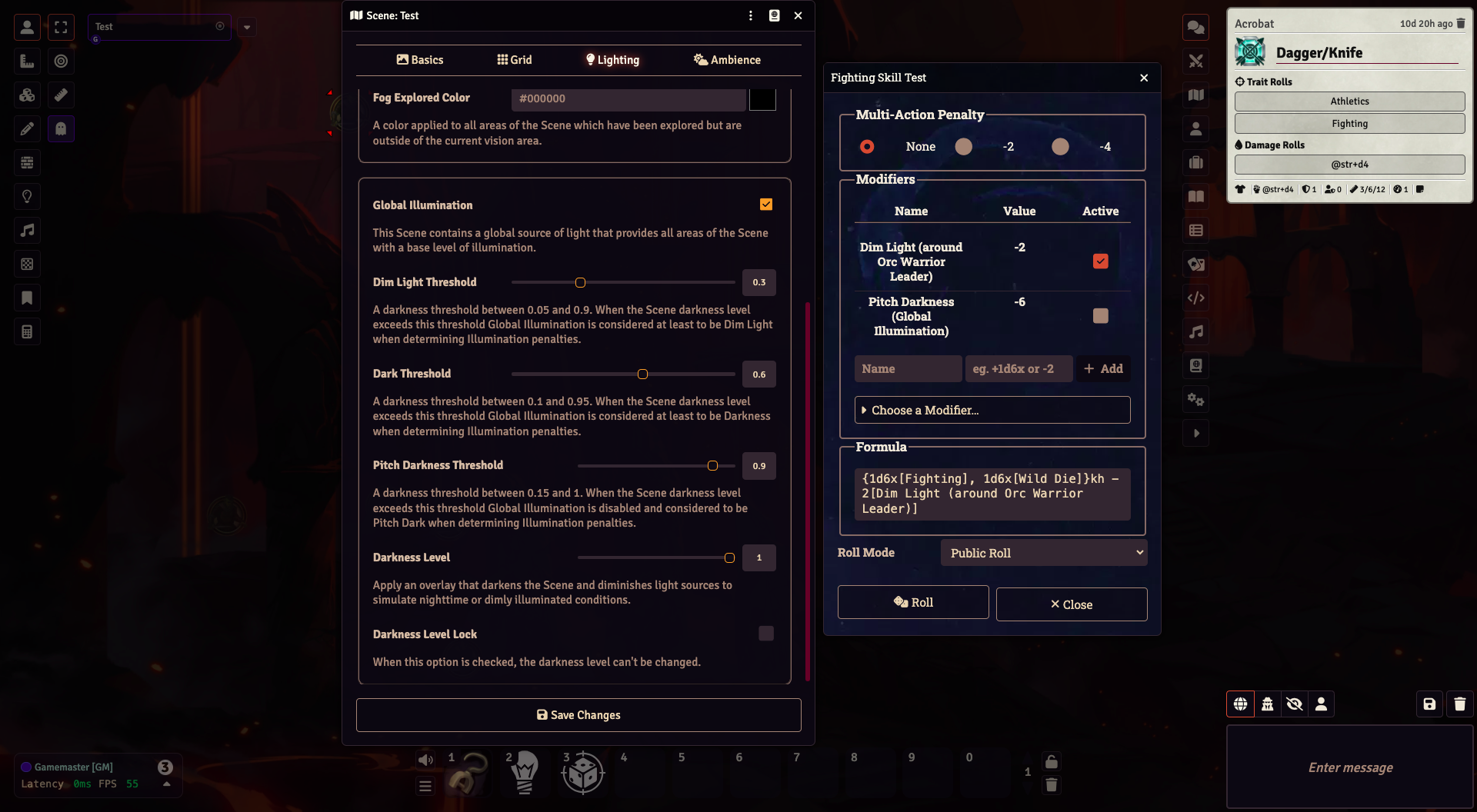 Screenshot of the interface that contains settings for Dim, Dark, and Pitch Darkness levels along with a roll dialog with suggested penalties.